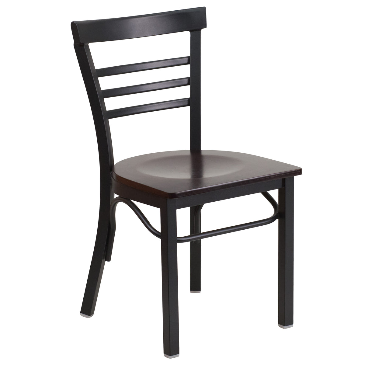 Walnut Wood Seat/Black Metal Frame |#| Black Three-Slat Ladder Back Metal Restaurant Chair - Walnut Wood Seat