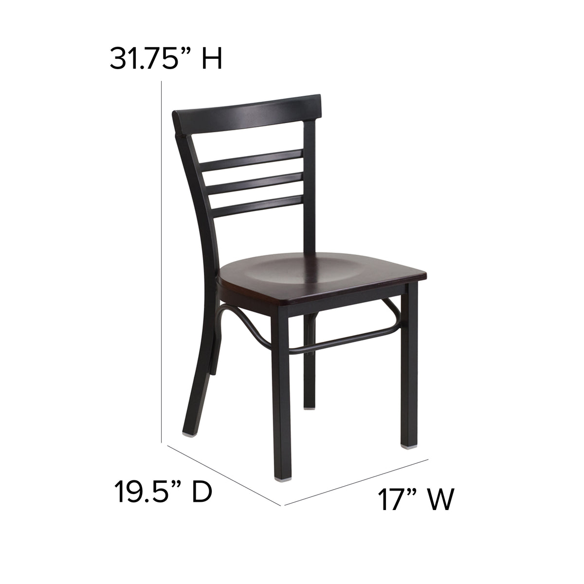 Walnut Wood Seat/Black Metal Frame |#| Black Three-Slat Ladder Back Metal Restaurant Chair - Walnut Wood Seat