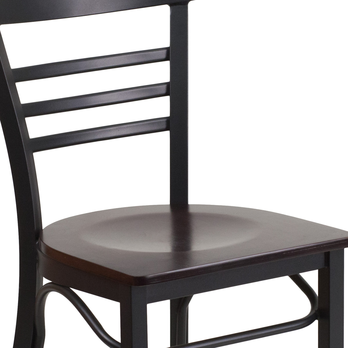 Walnut Wood Seat/Black Metal Frame |#| Black Three-Slat Ladder Back Metal Restaurant Chair - Walnut Wood Seat
