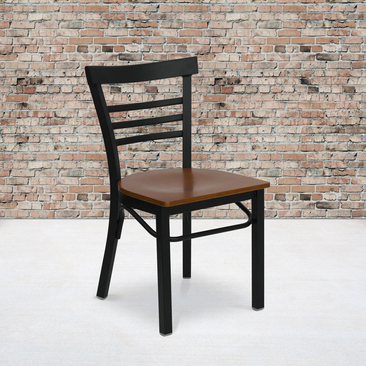 Cherry Wood Seat/Black Metal Frame |#| Black Three-Slat Ladder Back Metal Restaurant Chair - Cherry Wood Seat