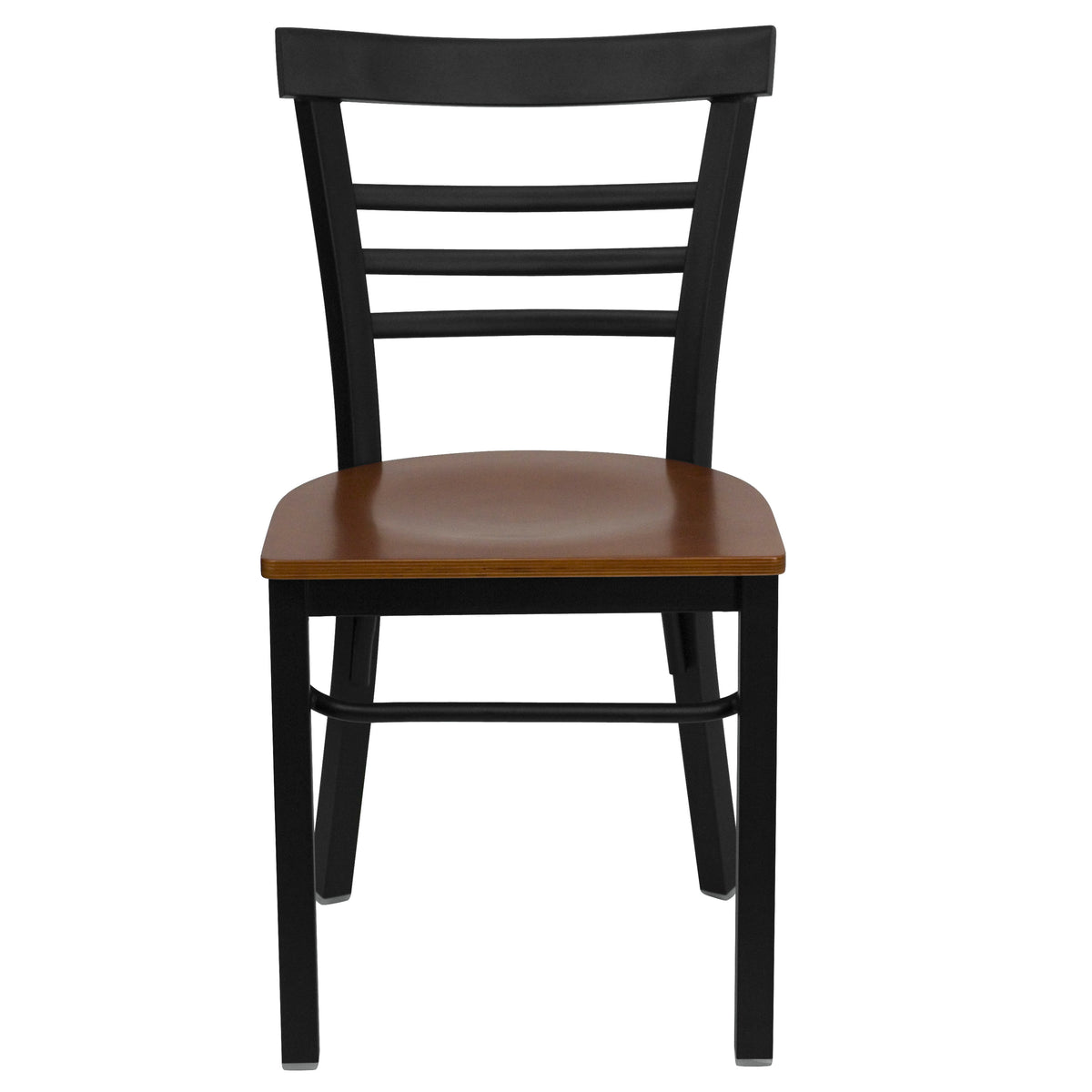 Cherry Wood Seat/Black Metal Frame |#| Black Three-Slat Ladder Back Metal Restaurant Chair - Cherry Wood Seat