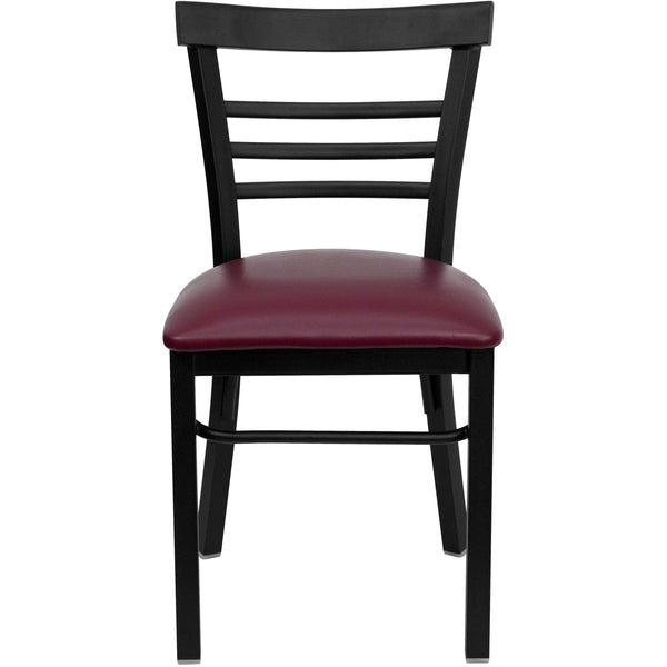 Burgundy Vinyl Seat/Black Metal Frame |#| Black Three-Slat Ladder Back Metal Restaurant Chair - Burgundy Vinyl Seat