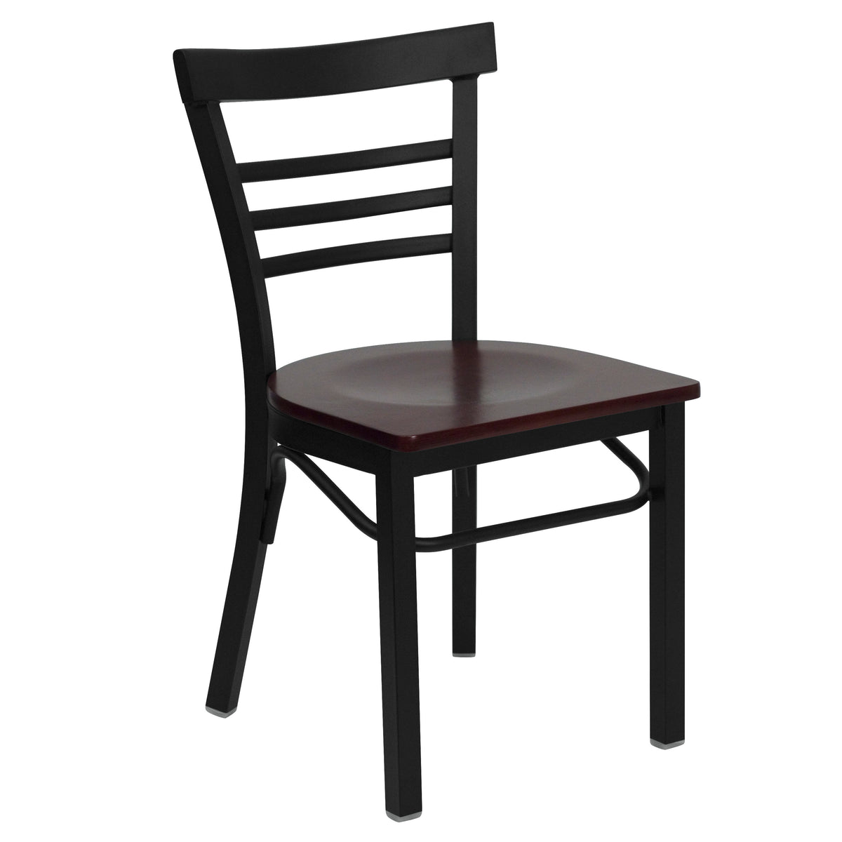 Mahogany Wood Seat/Black Metal Frame |#| Black Three-Slat Ladder Back Metal Restaurant Chair - Mahogany Wood Seat
