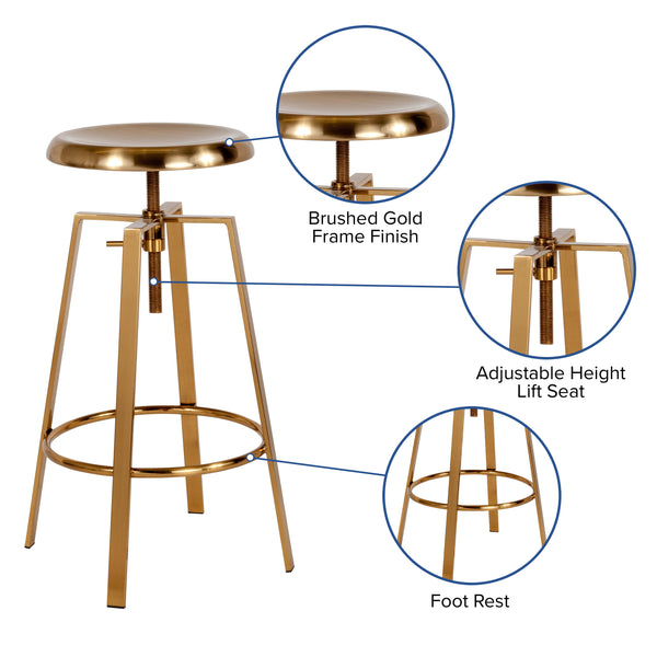 Gold |#| Industrial Style Barstool with Swivel Lift Adjustable Height Seat in Gold Finish