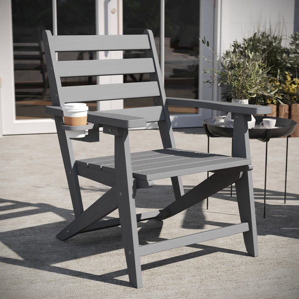 Gray |#| All-Weather Commercial Adirondack Dining Chair with Fold Out Cupholder - Gray