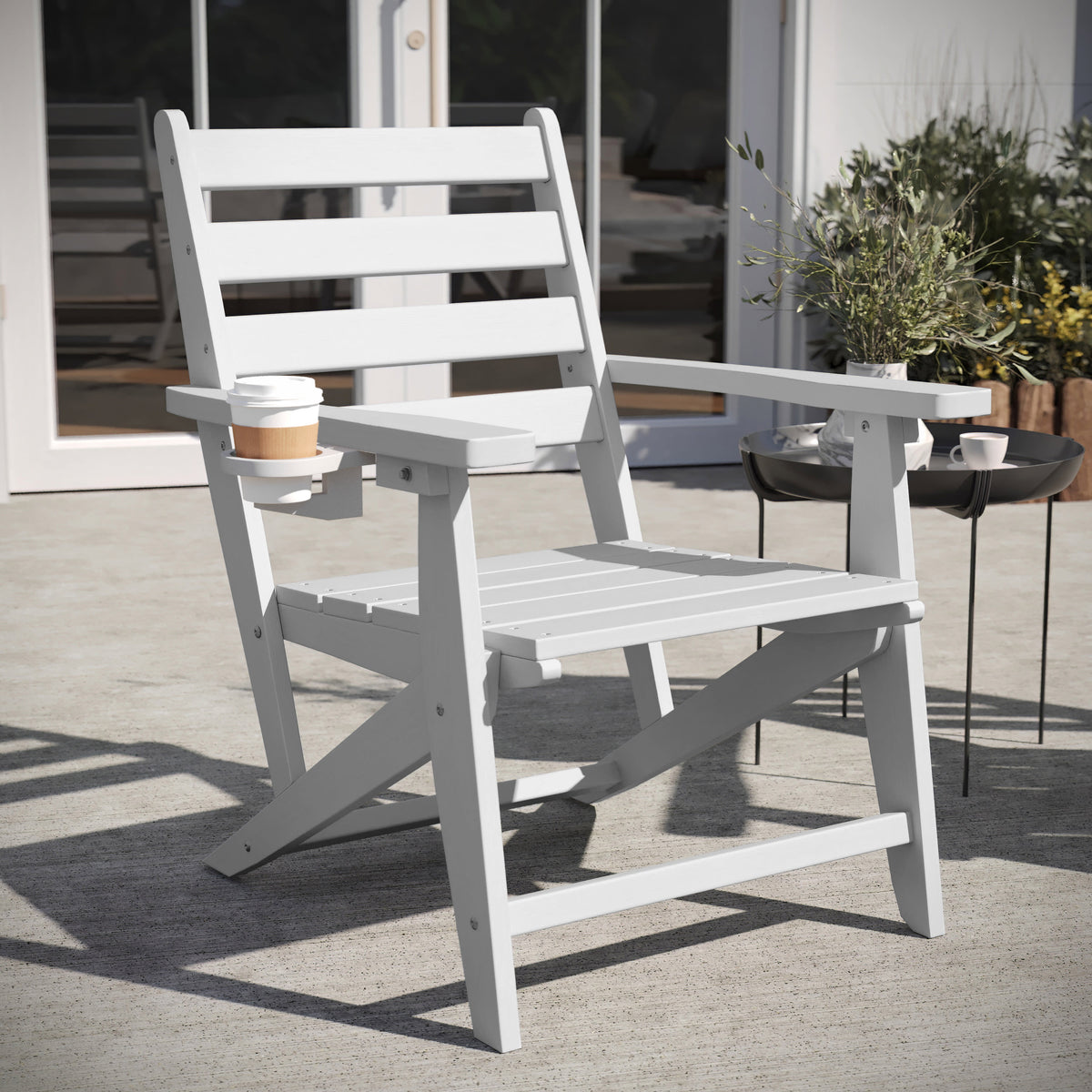 White |#| All-Weather Commercial Adirondack Dining Chair with Fold Out Cupholder - White