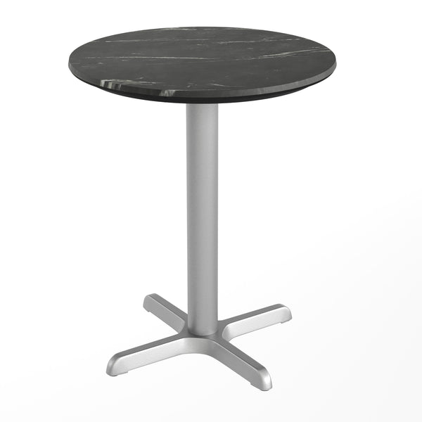 Black Faux Marble/Silver Base |#| Commercial All-Weather 24" Black Faux Marble HPL Tabletop with Silver X Base