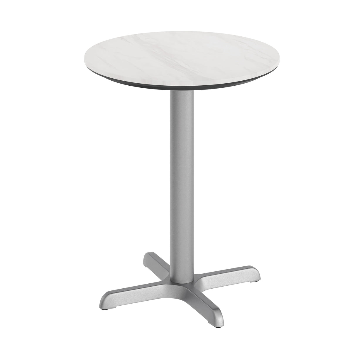 White Faux Marble/Silver Base |#| Commercial All-Weather 24" White Faux Marble HPL Tabletop with Silver X Base