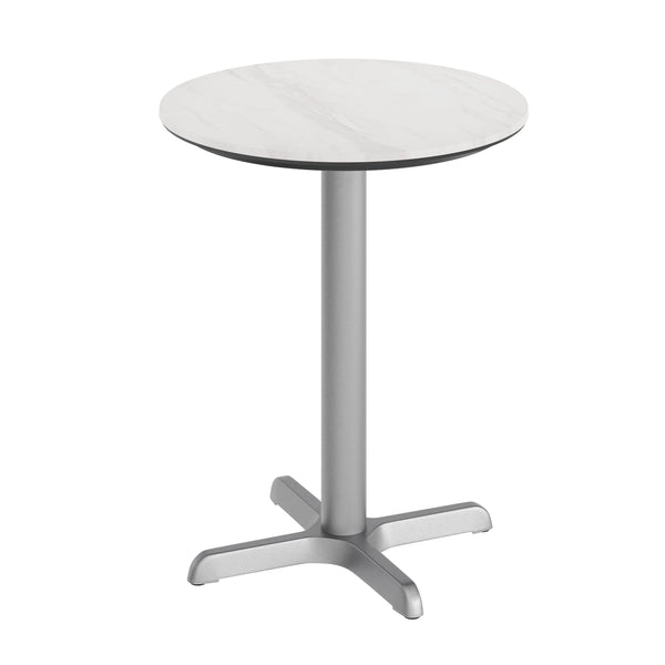 White Faux Marble/Silver Base |#| Commercial All-Weather 24" White Faux Marble HPL Tabletop with Silver X Base