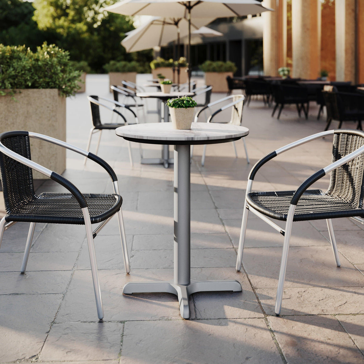 White Faux Marble/Silver Base |#| Commercial All-Weather 24" White Faux Marble HPL Tabletop with Silver X Base