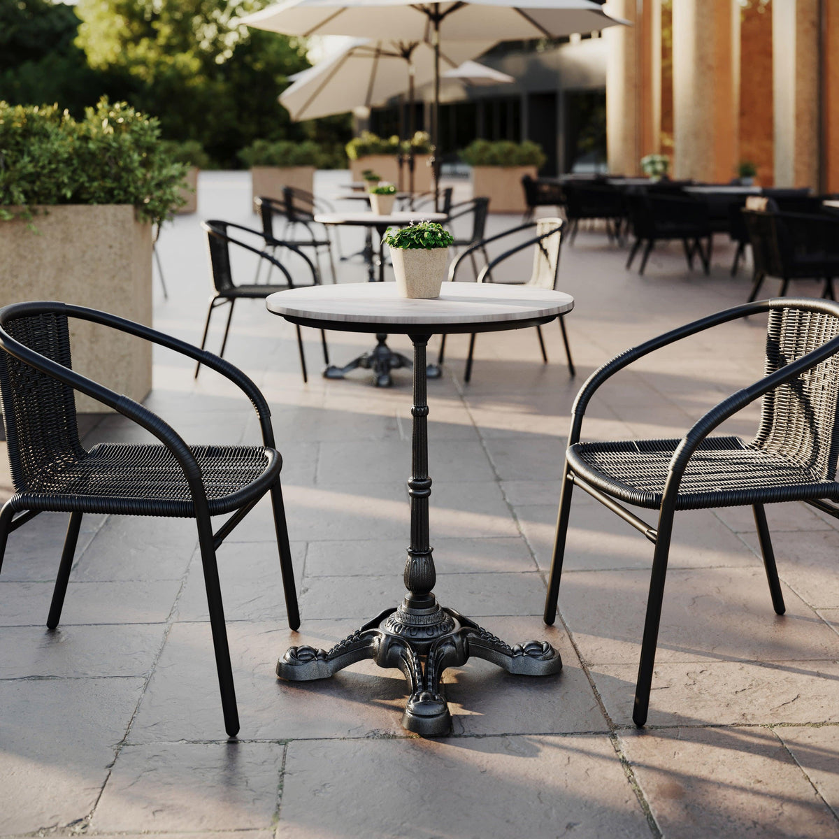 White Faux Marble/Black Base |#| Commercial All-Weather 24" White Faux Marble HPL Tabletop with Black Bistro Base