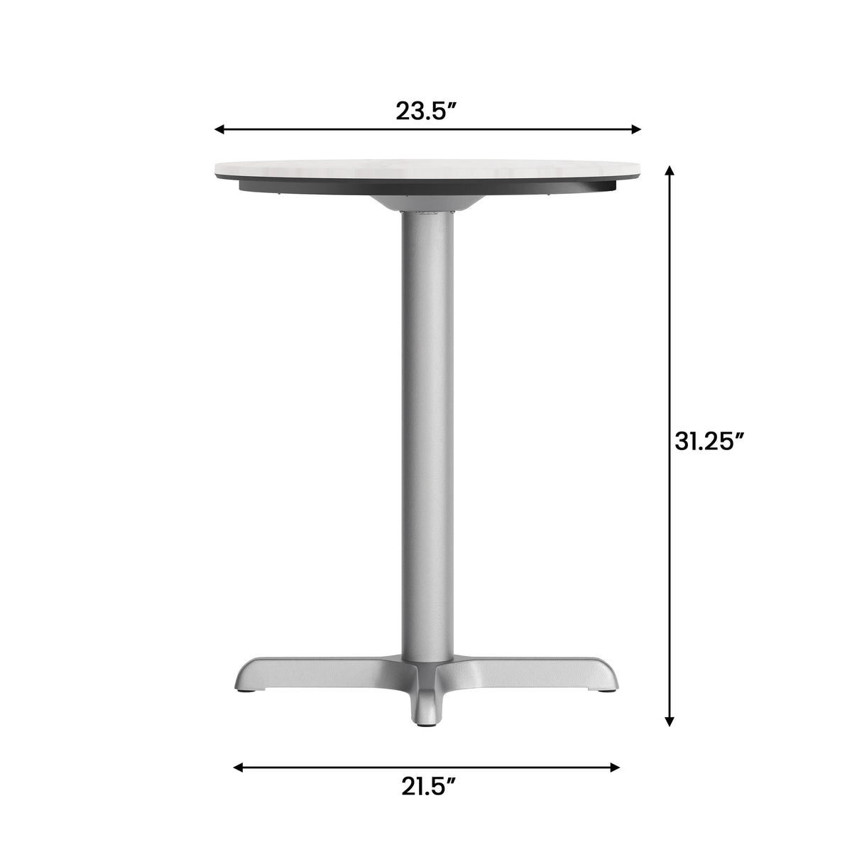 White Faux Marble/Silver Base |#| Commercial All-Weather 24" White Faux Marble HPL Tabletop with Silver X Base