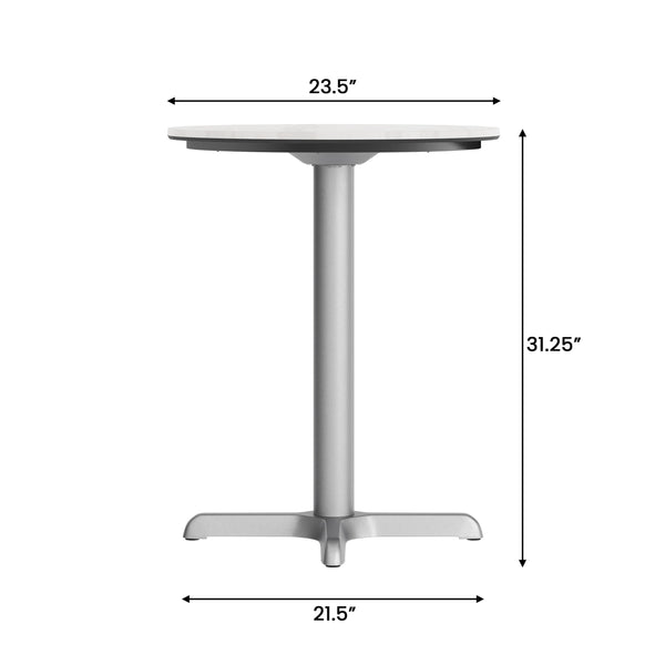 White Faux Marble/Silver Base |#| Commercial All-Weather 24" White Faux Marble HPL Tabletop with Silver X Base