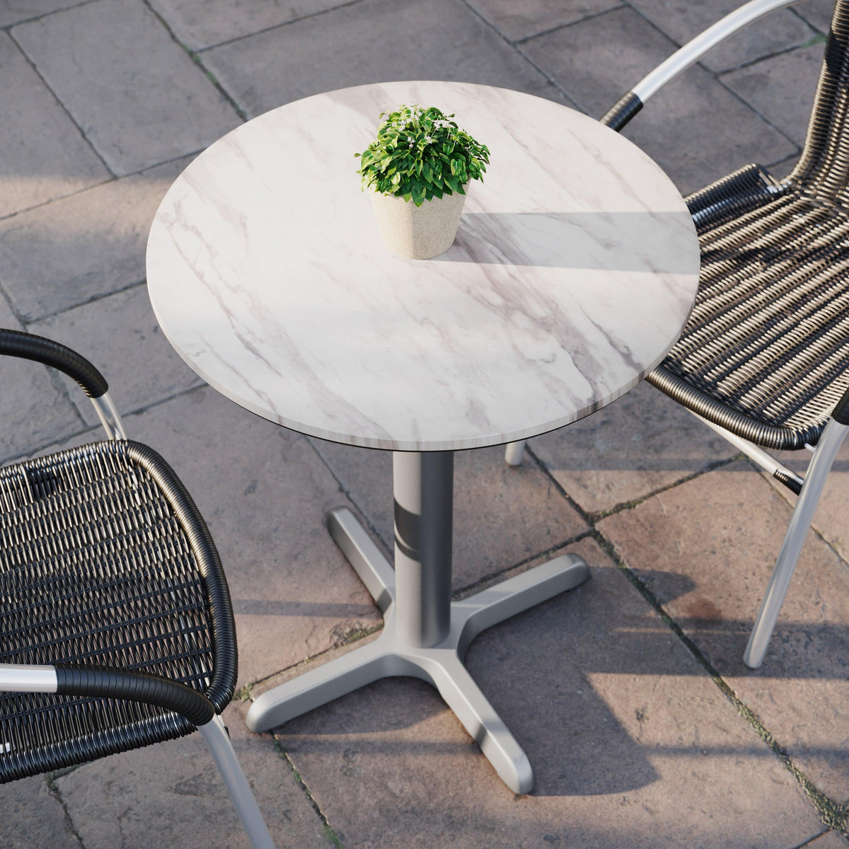 White Faux Marble/Silver Base |#| Commercial All-Weather 24" White Faux Marble HPL Tabletop with Silver X Base
