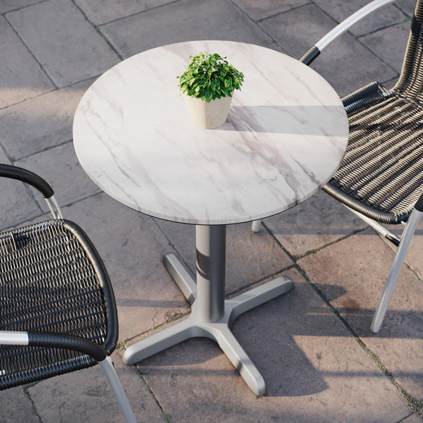 White Faux Marble/Silver Base |#| Commercial All-Weather 24" White Faux Marble HPL Tabletop with Silver X Base