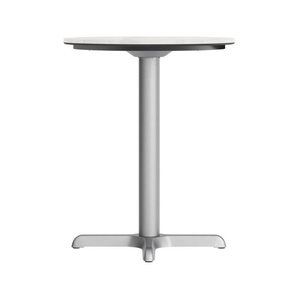 White Faux Marble/Silver Base |#| Commercial All-Weather 24" White Faux Marble HPL Tabletop with Silver X Base