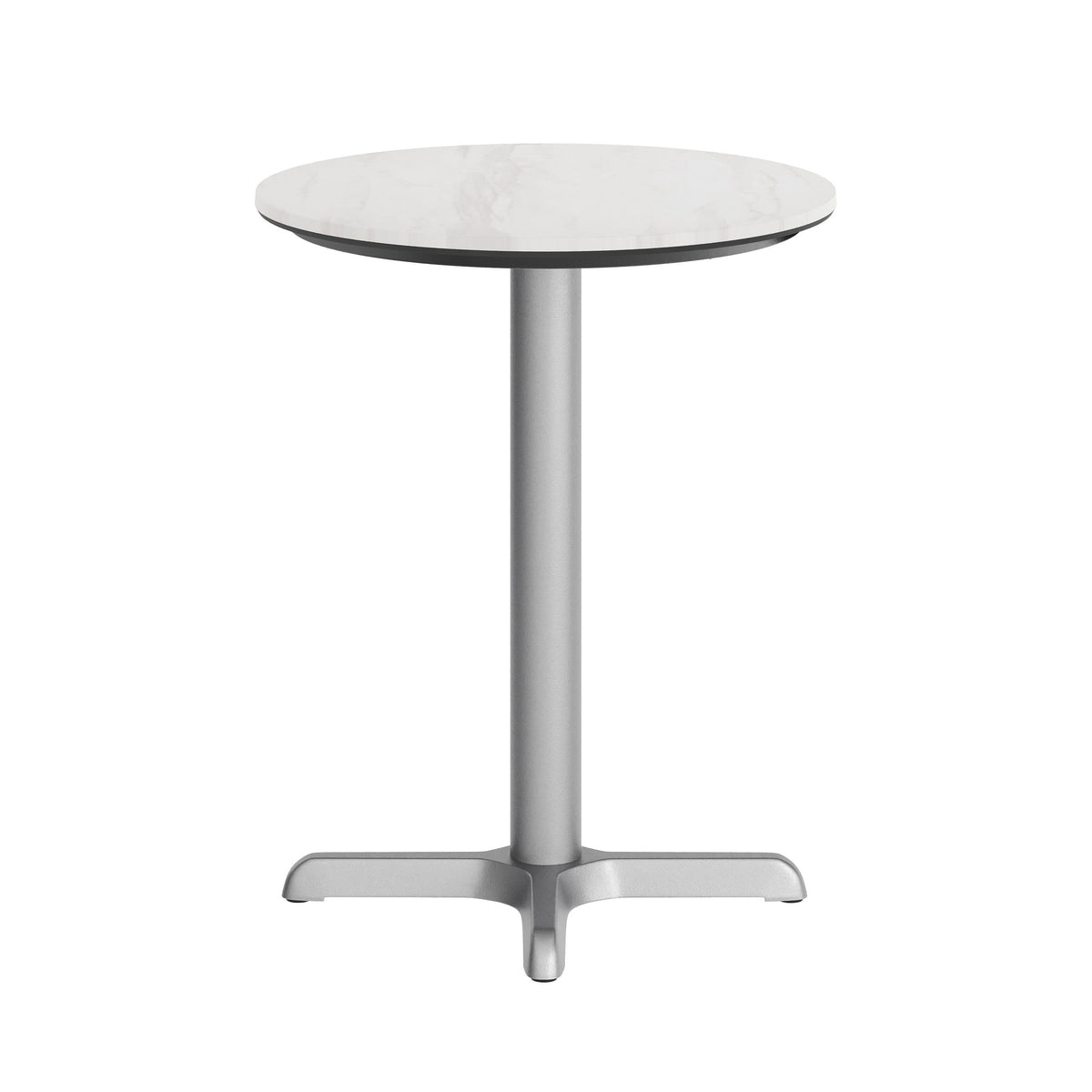 White Faux Marble/Silver Base |#| Commercial All-Weather 24" White Faux Marble HPL Tabletop with Silver X Base