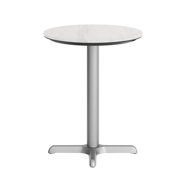 White Faux Marble/Silver Base |#| Commercial All-Weather 24" White Faux Marble HPL Tabletop with Silver X Base
