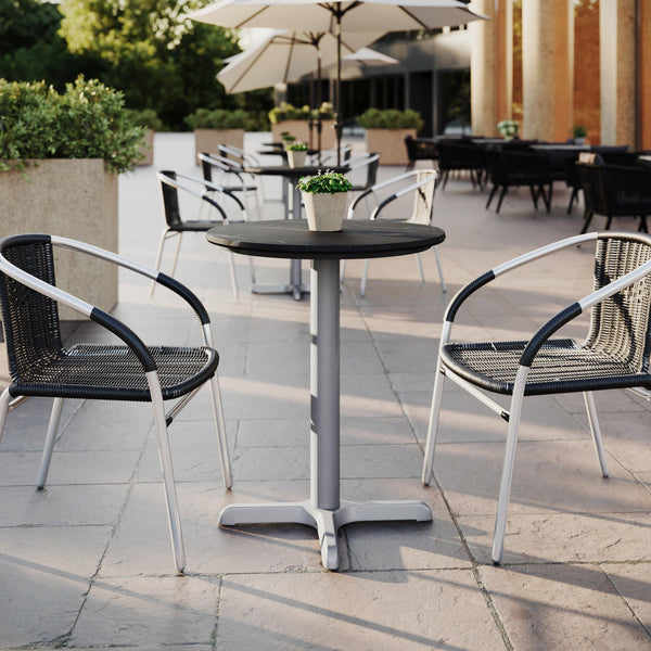 Black Faux Marble/Silver Base |#| Commercial All-Weather 24" Black Faux Marble HPL Tabletop with Silver X Base