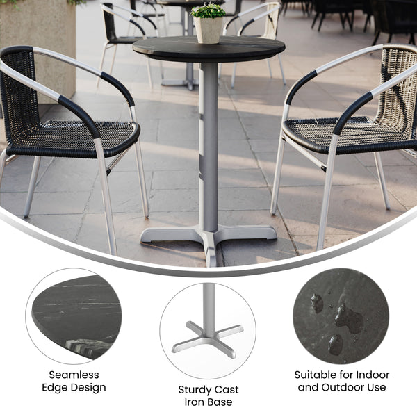 Black Faux Marble/Silver Base |#| Commercial All-Weather 24" Black Faux Marble HPL Tabletop with Silver X Base