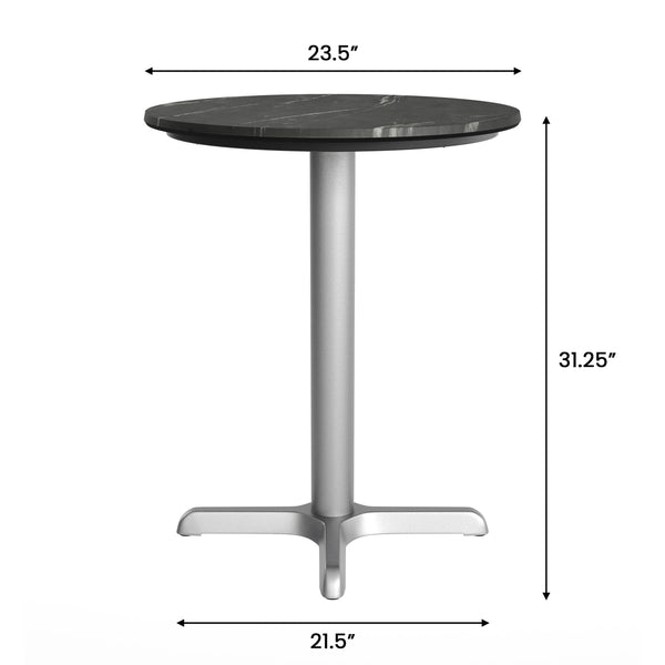Black Faux Marble/Silver Base |#| Commercial All-Weather 24" Black Faux Marble HPL Tabletop with Silver X Base