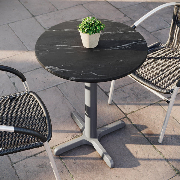 Black Faux Marble/Silver Base |#| Commercial All-Weather 24" Black Faux Marble HPL Tabletop with Silver X Base