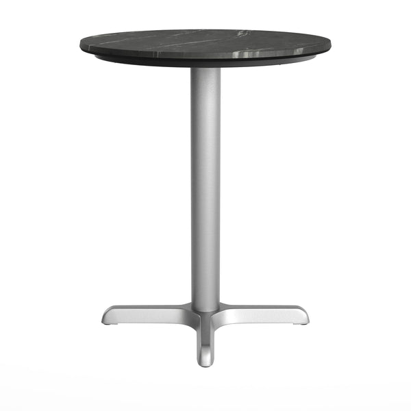 Black Faux Marble/Silver Base |#| Commercial All-Weather 24" Black Faux Marble HPL Tabletop with Silver X Base