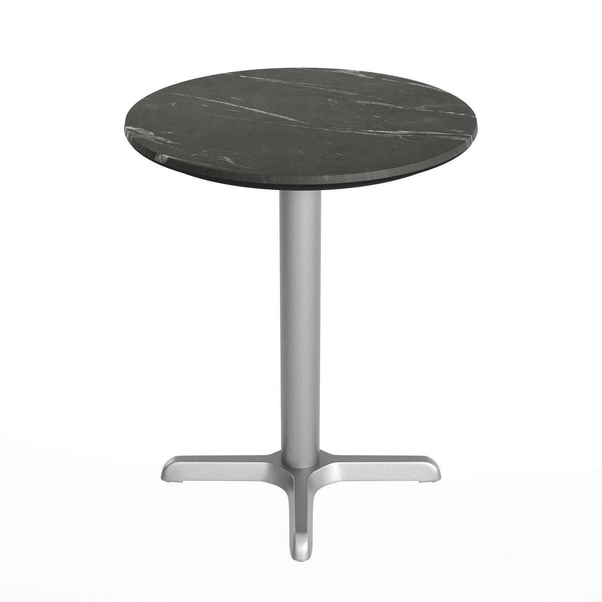 Black Faux Marble/Silver Base |#| Commercial All-Weather 24" Black Faux Marble HPL Tabletop with Silver X Base