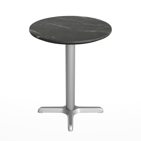Black Faux Marble/Silver Base |#| Commercial All-Weather 24" Black Faux Marble HPL Tabletop with Silver X Base