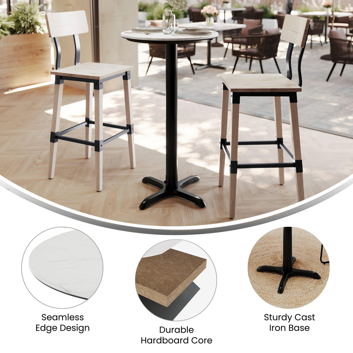 White Faux Marble/Black Base |#| Commercial 24" White Faux Marble HPL Tabletop with Black Bar Height X Base