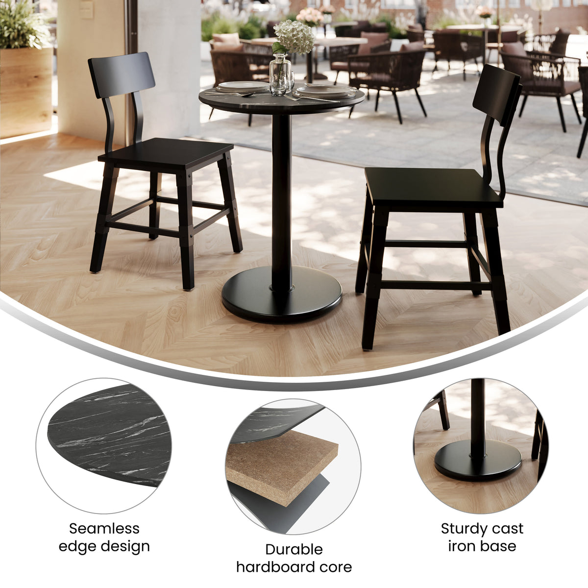 Black Faux Marble/Black Base |#| Commercial 24" Black Faux Marble HPL Tabletop with Black Table Height RD Base