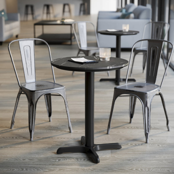 Black Faux Marble/Black Base |#| Commercial 24" Black Faux Marble HPL Tabletop with Black Table Height X Base