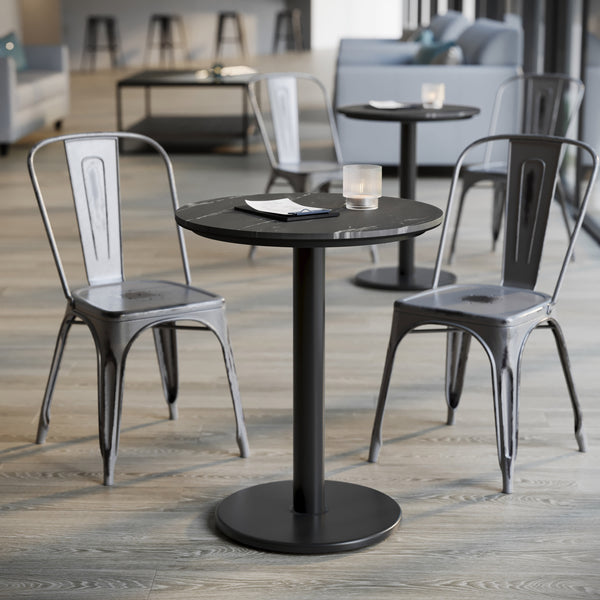 Black Faux Marble/Black Base |#| Commercial 24" Black Faux Marble HPL Tabletop with Black Table Height RD Base