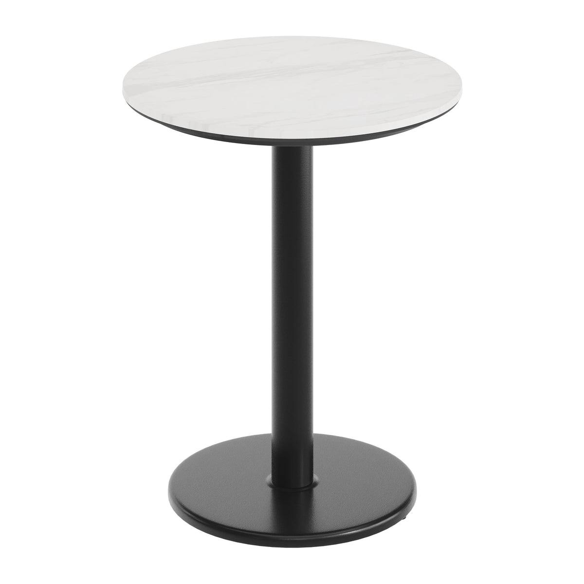 White Faux Marble/Black Base |#| Commercial 24" White Faux Marble HPL Tabletop with Black Table Height RD Base