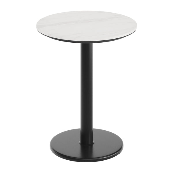 White Faux Marble/Black Base |#| Commercial 24" White Faux Marble HPL Tabletop with Black Table Height RD Base