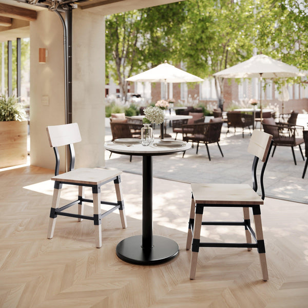 White Faux Marble/Black Base |#| Commercial 24" White Faux Marble HPL Tabletop with Black Table Height RD Base