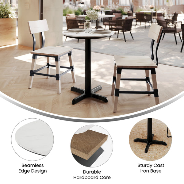 White Faux Marble/Black Base |#| Commercial 24" White Faux Marble HPL Tabletop with Black Table Height X Base