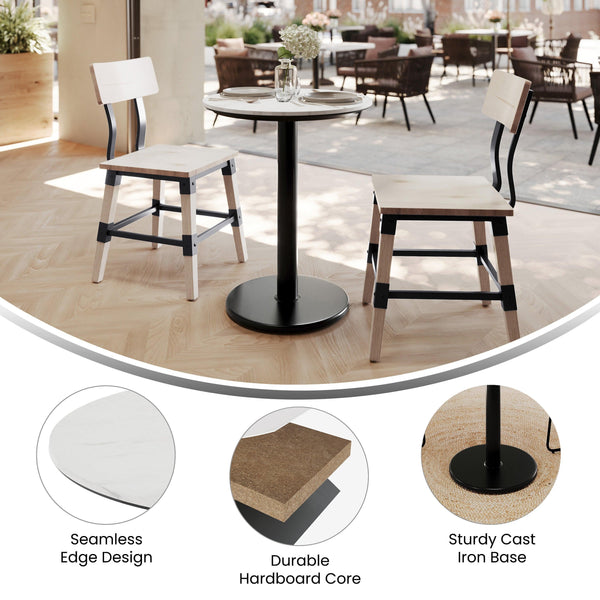 White Faux Marble/Black Base |#| Commercial 24" White Faux Marble HPL Tabletop with Black Table Height RD Base