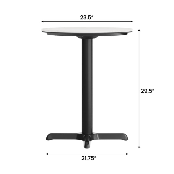 White Faux Marble/Black Base |#| Commercial 24" White Faux Marble HPL Tabletop with Black Table Height X Base