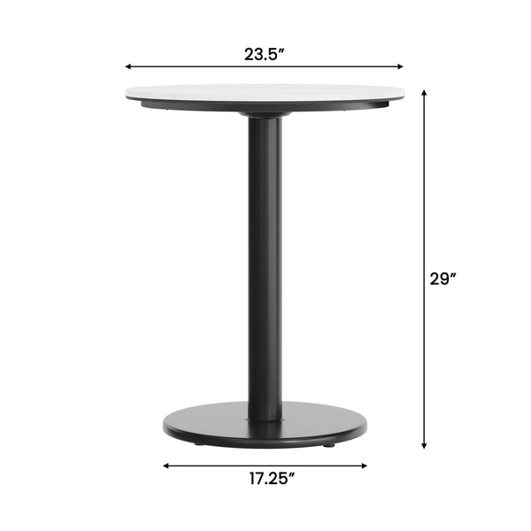 White Faux Marble/Black Base |#| Commercial 24" White Faux Marble HPL Tabletop with Black Table Height RD Base