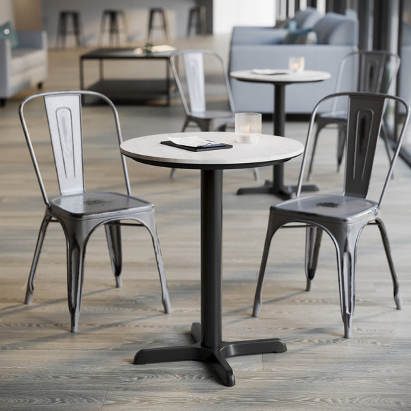 White Faux Marble/Black Base |#| Commercial 24" White Faux Marble HPL Tabletop with Black Table Height X Base