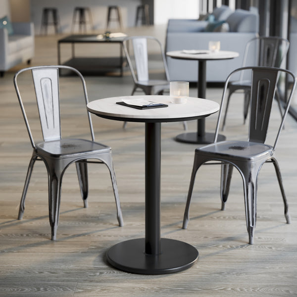 White Faux Marble/Black Base |#| Commercial 24" White Faux Marble HPL Tabletop with Black Table Height RD Base