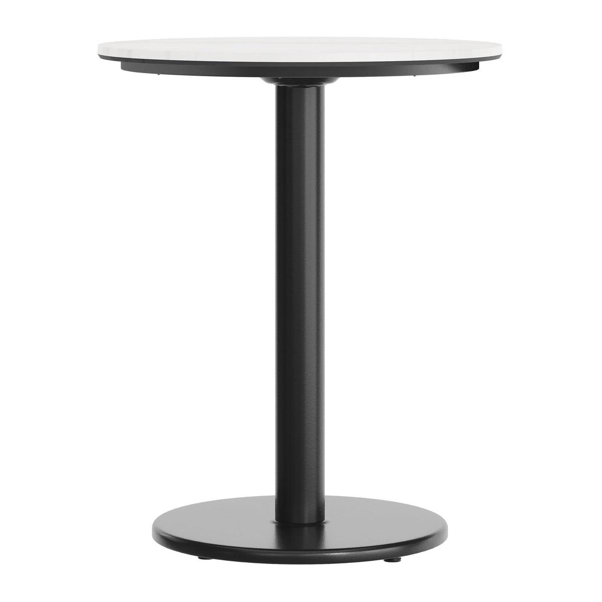 White Faux Marble/Black Base |#| Commercial 24" White Faux Marble HPL Tabletop with Black Table Height RD Base
