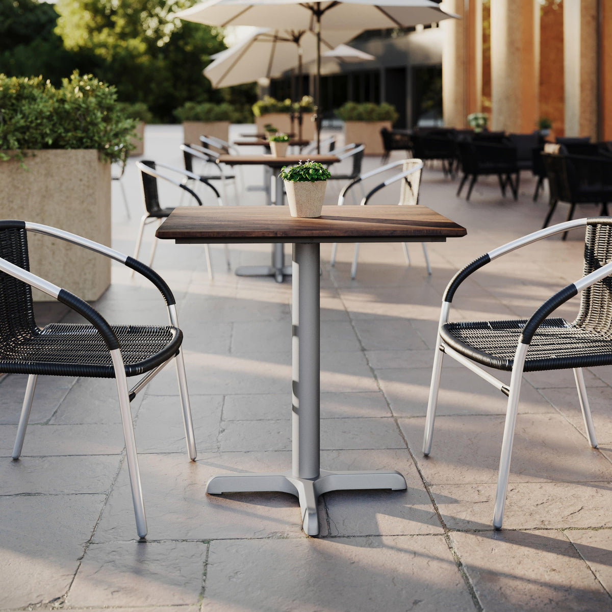 Dark Brown/Silver Base |#| Commercial All-Weather 24x30 Dark Brown HPL Tabletop with Silver X Base