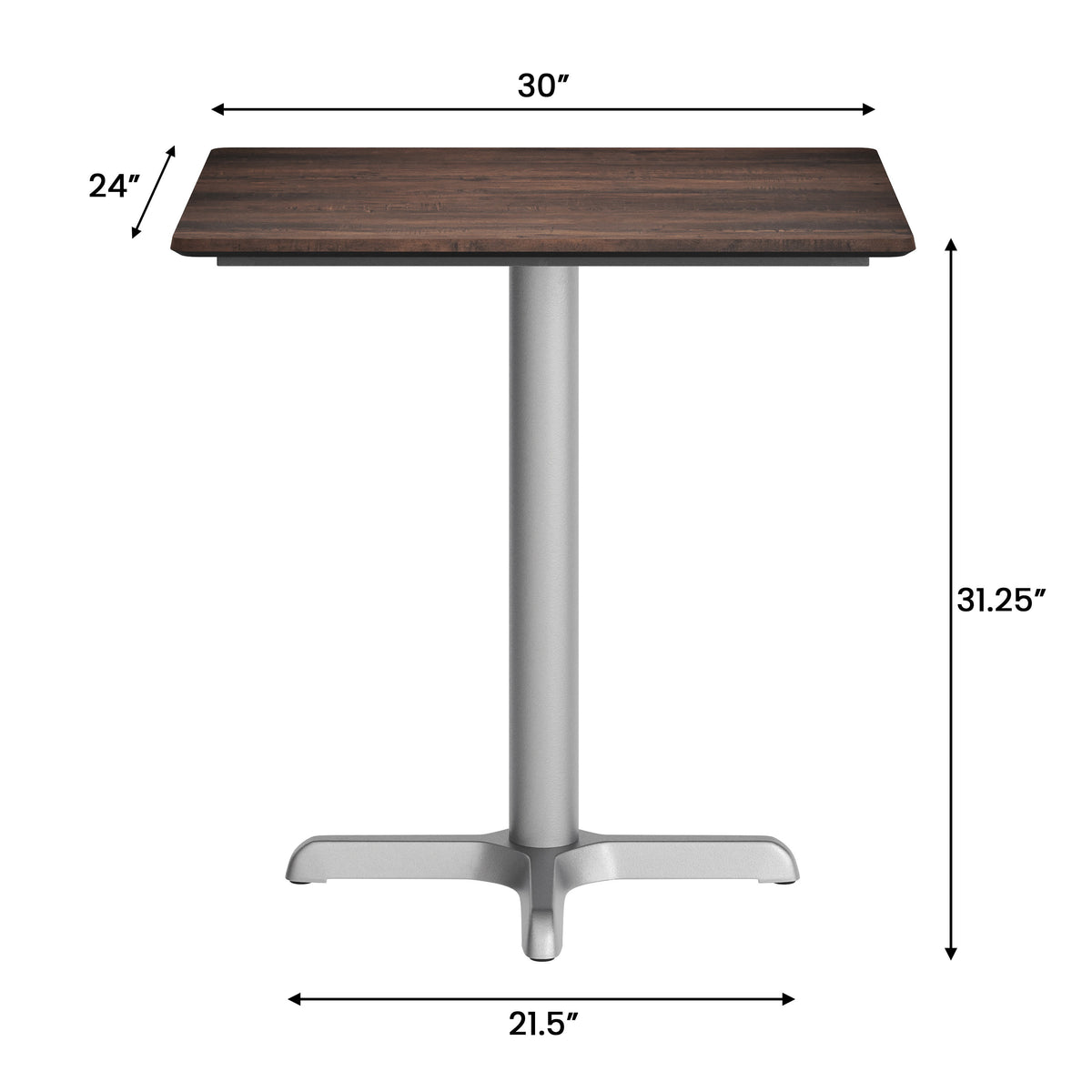Dark Brown/Silver Base |#| Commercial All-Weather 24x30 Dark Brown HPL Tabletop with Silver X Base