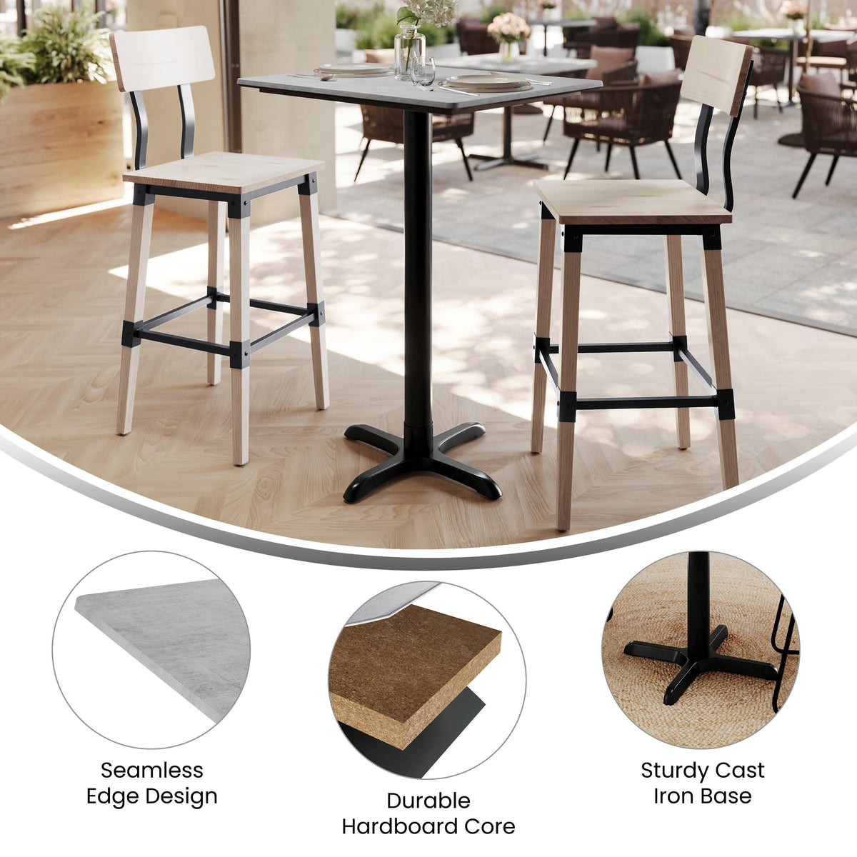 Gray Faux Concrete/Black Base |#| Commercial 30x24 Gray Faux Concrete HPL Tabletop with Black Bar Height X Base