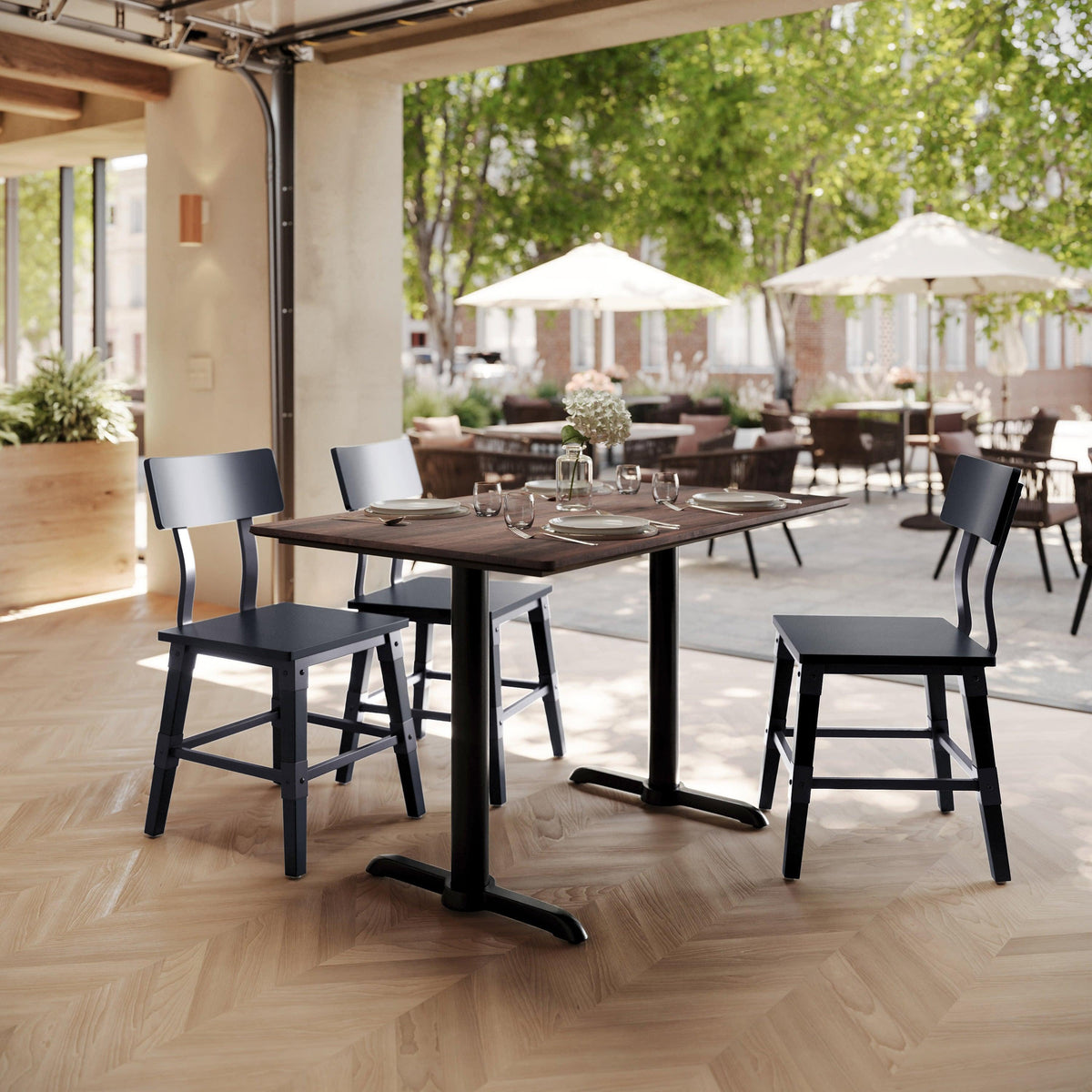 Dark Brown/Black Base |#| Commercial 48x30 Dark Brown HPL Tabletop-Black Table T-Bases