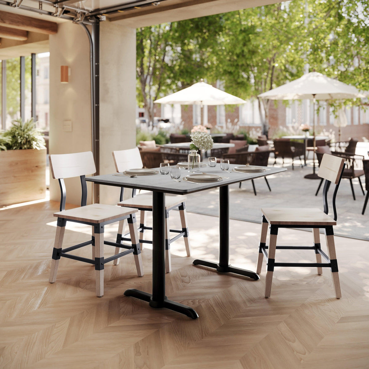 Gray Faux Concrete/Black Base |#| Commercial 48x30 Gray Faux Concrete HPL Tabletop-Black Table T-Bases