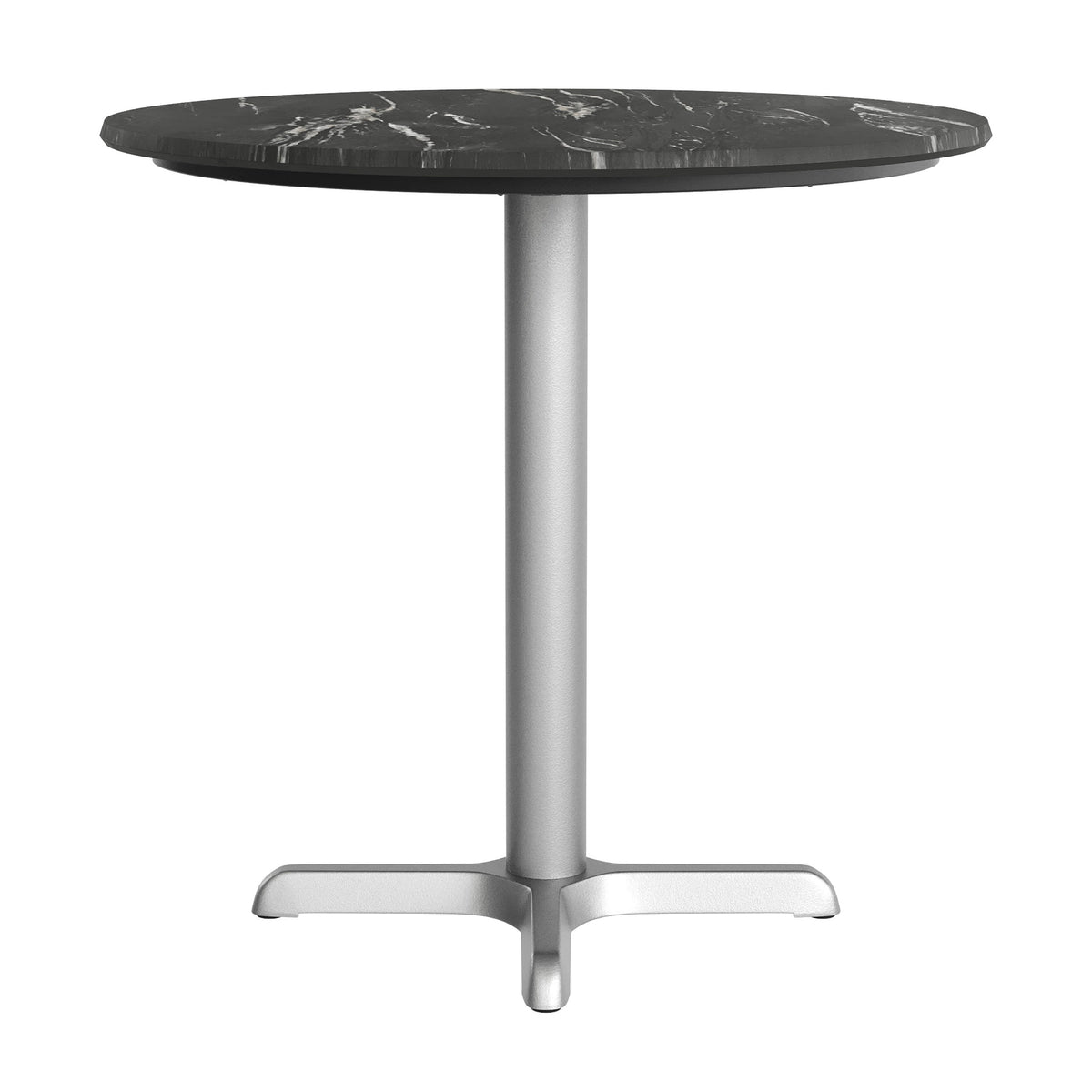 Black Faux Marble/Silver Base |#| Commercial All-Weather 31.25" Black Faux Marble HPL Tabletop with Silver X Base