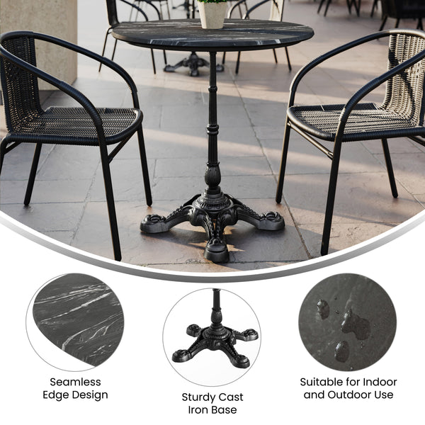 Black Faux Marble/Black Base |#| Commercial All-Weather 31.25" Black Faux Marble HPL Tabletop-Black Bistro Base